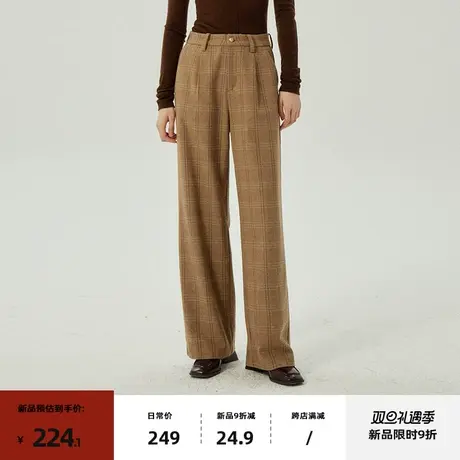 omont蛋挞家 复古格子休闲裤女2023冬季新款高腰直筒显瘦长裤子图片