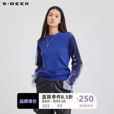 sdeer圣迪奥女装罗纹圆领网纱印花拼接针织衫S224Z3522图片
