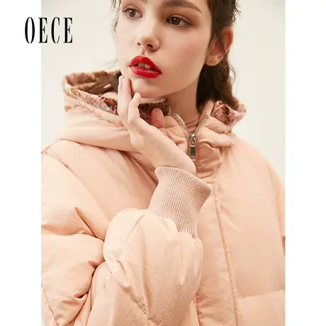 Oece冬新款女 复古连帽保暖中长款羽绒服外套图片