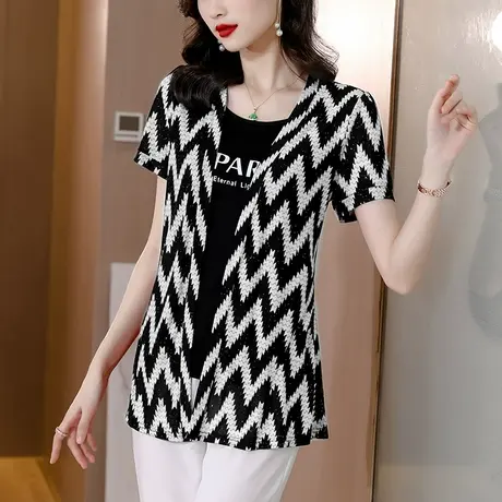 假两件短袖t恤女夏季2023年新款漂亮印花上衣服设计感大码妈妈装图片
