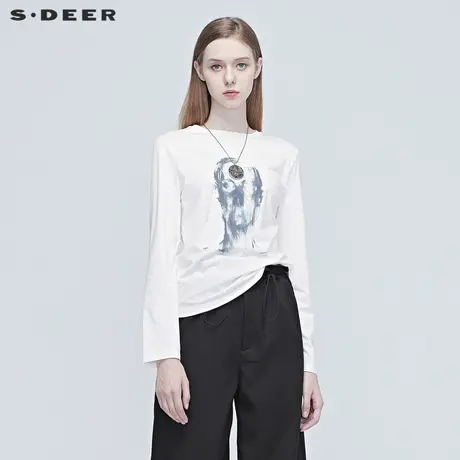 sdeer圣迪奥秋夏简约人物抽象印花长袖基础款打底T恤女S20380220商品大图