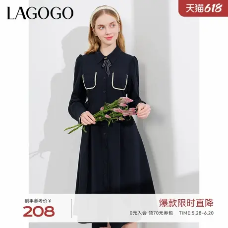 LAGOGO气质藏青色领结连衣裙拉谷谷春夏新品口袋收腰法式连衣裙图片