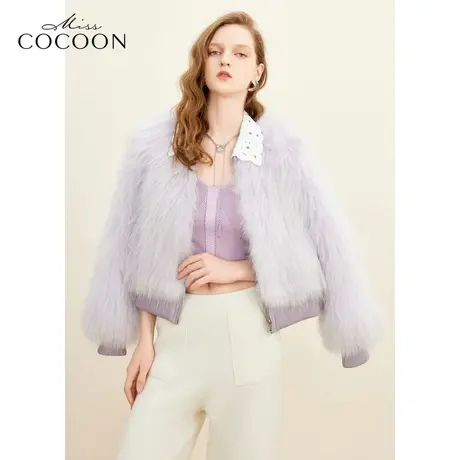 missCOCOON千金玛德琳优雅23冬新款女气质夹克款蕾丝翻领皮草外套图片
