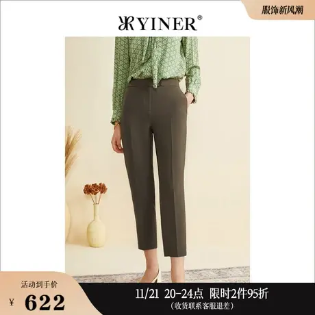 YINER音儿女装秋季女装咖啡色弹力高腰显瘦休闲西装裤图片