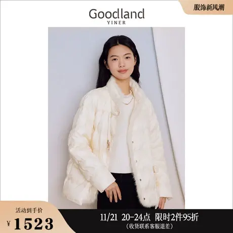 【新中式】Goodland美地女装冬季轻盈保暖刺绣水貂毛包边短羽绒服图片