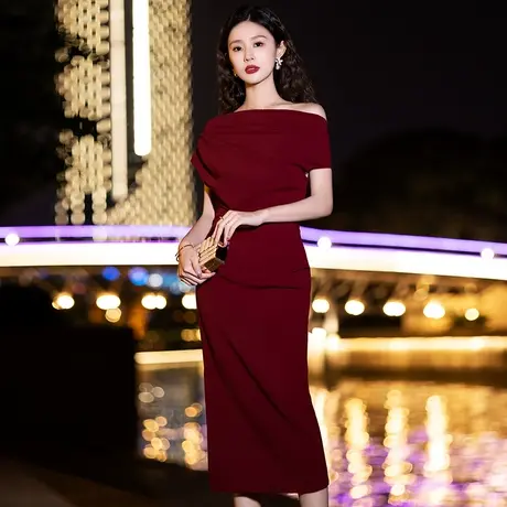 小个子晚礼服女气质高端大牌平时可穿一字肩高级感宴会修身连衣裙图片