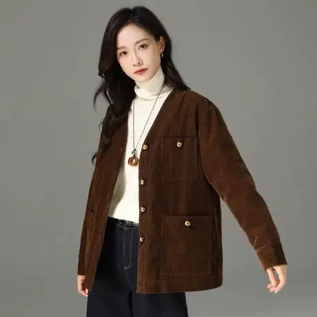 冬新款加绒女装冬季美拉德灯芯绒外套女开衫条绒上衣白鸭绒羽绒服图片