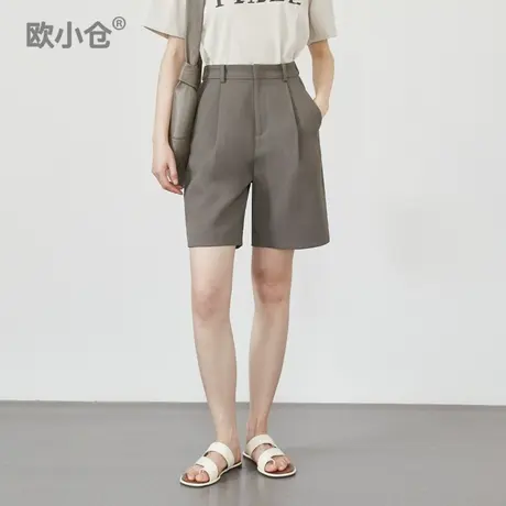 欧小仓 避暑系列 打褶西装短裤女夏高腰阔腿中裤显瘦咖色五分裤图片