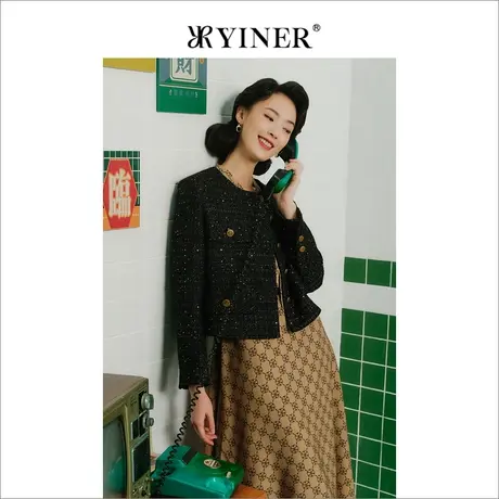 【1996系列】YINER音儿女装冬季优雅金属亮丝粗花呢休闲短外套图片