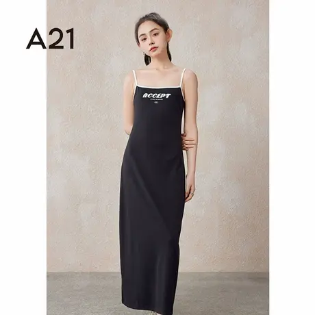 A21女装无袖吊带连衣裙女士夏季高级感休闲露肩气质印花长裙图片