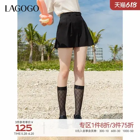 LAGOGO高腰黑色压褶短裤女拉谷谷2025年夏季新款百搭直筒宽松裤装图片