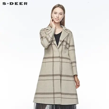 sdeer圣迪奥女装冬装英伦条纹平驳领单排扣收腰休闲大衣S19481806图片