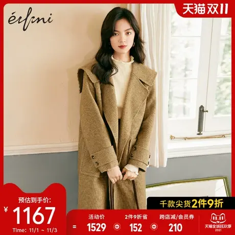 伊芙丽毛呢外套2021年新款秋装大翻领中长款学院风双面羊毛大衣图片