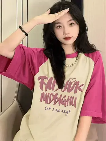 撞色插肩袖短袖t恤女夏季2023新款美式复古宽松设计感小众潮上衣图片