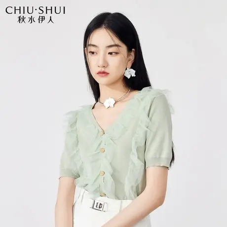 秋水伊人H型V领甜美百搭针织衫2023年夏季新款女装设计感休闲上衣图片