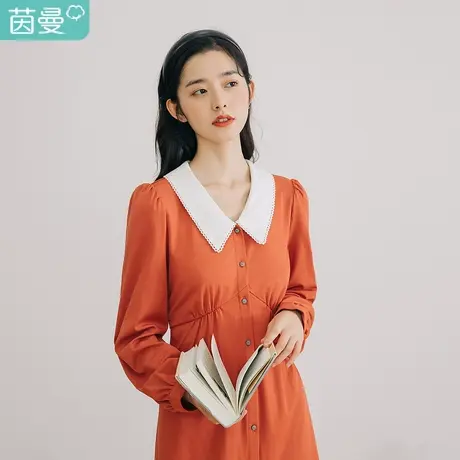 茵曼2023春装新款女尖领翻领田园复古宽松显瘦简约气质长袖连衣裙图片
