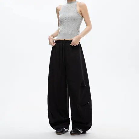 美式复古纯色阔腿抽褶弯刀裤女2025夏季新款高街潮牌宽松休闲长裤图片