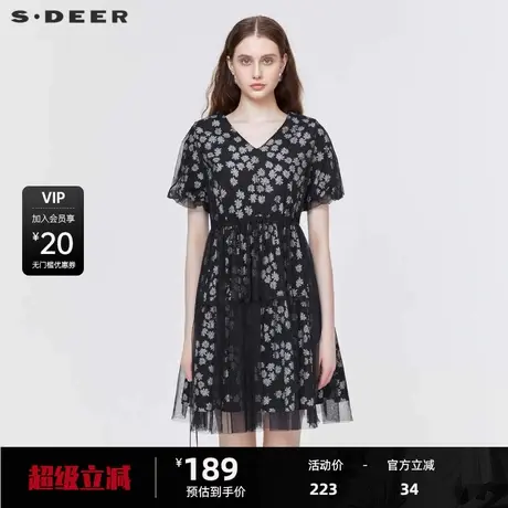 sdeer圣迪奥女装时尚圆领碎花收腰网纱短袖连衣裙S223Z1274图片