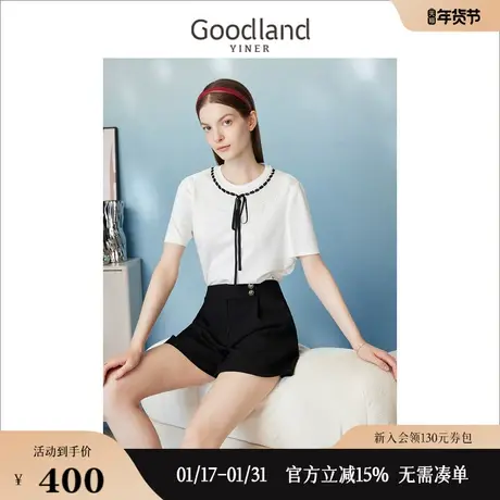 【自然调色盘】Goodland美地女装2023夏季蕾丝双层领T恤套头图片