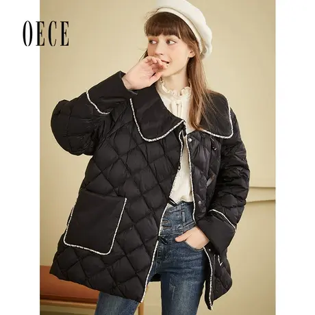 Oece黑色羽绒服冬新款复古学院减龄牛角扣中长外套图片