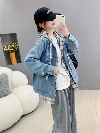 慵懒风假两件连帽牛仔外套女春秋2023年新款宽松洋气百搭夹克上衣图片