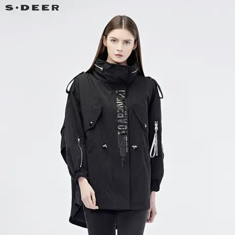 sdeer圣迪奥女2019秋撞色字母前短后长开衩下摆外套S19162205图片
