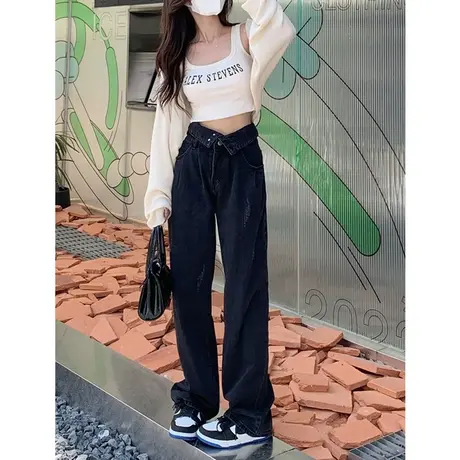 美式高街牛仔裤女秋季2023新款设计感高腰显瘦阔腿拖地长裤潮ins图片