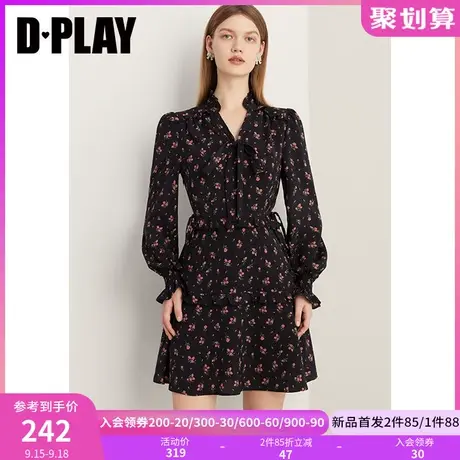 DPLAY2023秋法式暗夜蔷薇泡泡袖v领系带蝴蝶结收腰短款印花连衣裙图片