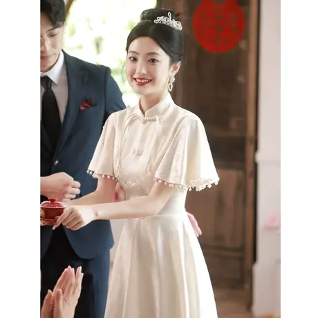 白色旗袍订婚礼服连衣裙女中式登记领证小白裙平时可穿气质小个子图片