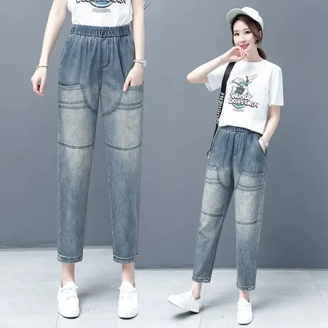 牛仔哈伦裤女2023新款秋季大口袋时尚九分裤小个子高腰显瘦老爹裤图片