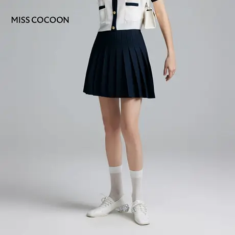 COCOON可可尼 商场同款藏青色学院风时尚穿搭短款压褶百褶裙图片