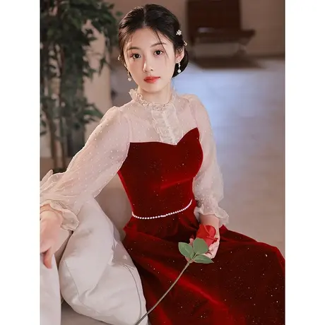 订婚连衣裙红色礼服平时可穿灯笼袖敬酒服新娘小个子2023新款夏季图片