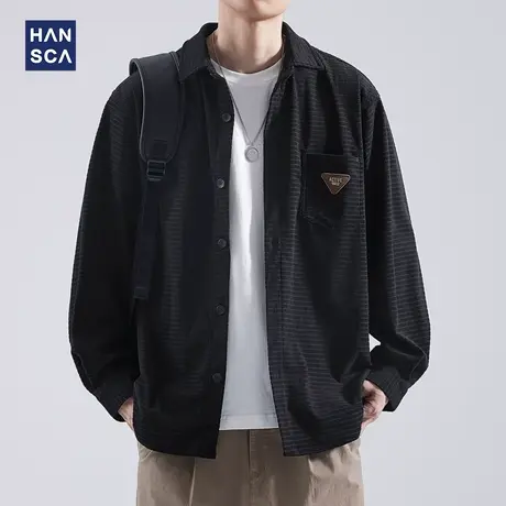 hansca灯芯绒条纹衬衫男士外套秋季日系复古潮牌宽松休闲长袖上衣图片