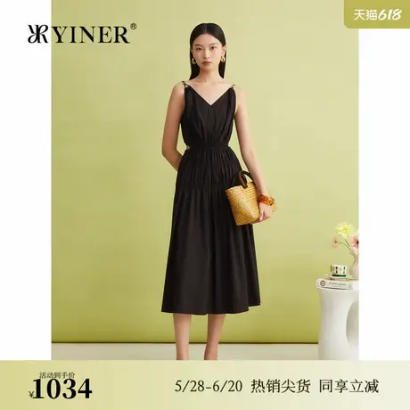 YINER音儿女装夏季棉锦弹力法式优雅双肩带气质吊带连衣裙图片
