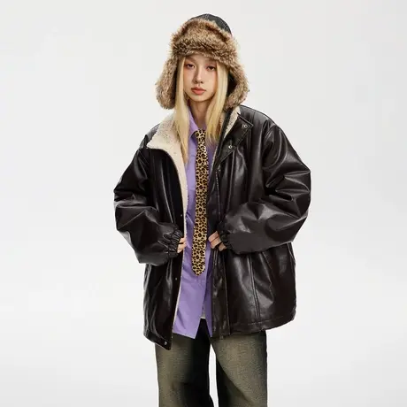 美式街头风PU皮棉服女冬季加厚羊羔毛外套2023年新款复古宽松棉衣图片