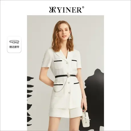 YINER音儿女装夏季白色收腰短袖中长款西装外套图片