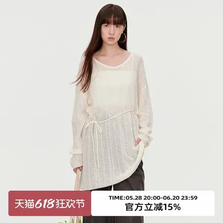omont蛋挞家 复古蕾丝镂空针织罩衫2025春季圆领收腰显瘦长袖上衣图片