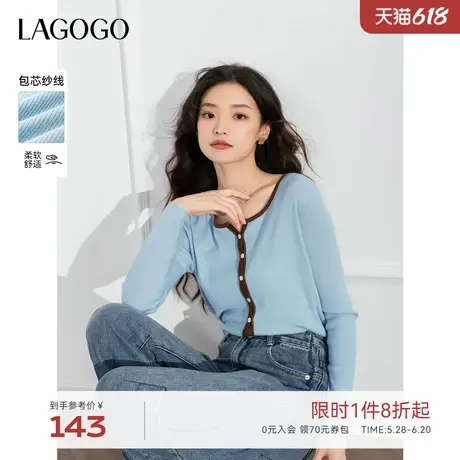 【抗起球】LAGOGO修身撞色毛针织衫女拉谷谷春秋新款舒适圆领上衣图片