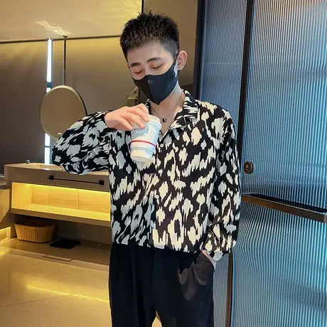 秋季男士衬衫豹纹花色满印潮牌发型师长袖宽松潮流印花衬衣上衣图片