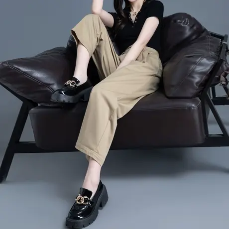 卡其色裤子女夏季薄款九分西装裤2023新款冰丝休闲女裤显瘦直筒裤图片