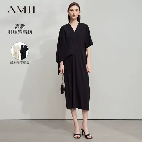 Amii2025夏新款解构美学不对称V领连衣裙女绑带露背裙子小黑裙图片