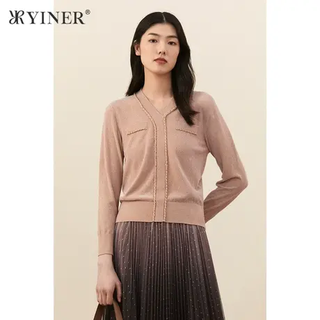 YINER音儿女装2021秋季新款V领长袖套头毛针织衫图片