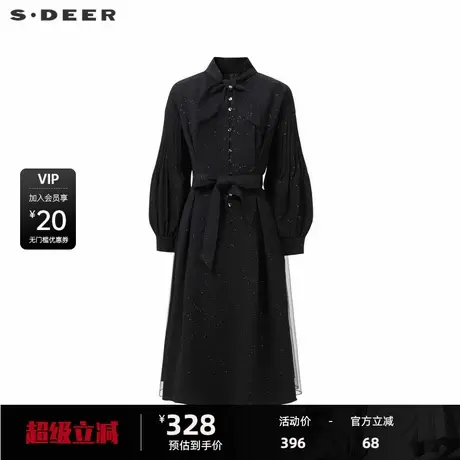 sdeer圣迪奥女装秋学院风压褶收腰网纱长袖连衣裙S241Z1265图片