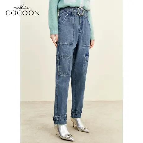 missCOCOON脚口裤袢带钻日字袢2023冬新款女装大贴袋牛仔裤图片