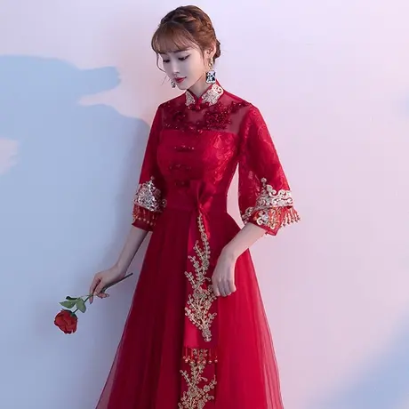 中式敬酒服新娘2024新款酒红色结婚订婚回门礼服中国风长袖秀禾服图片