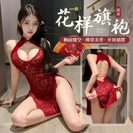 霏慕性感复古丝绒情侣趣味睡衣开衩旗袍蕾丝春装时髦小姨风穿搭女图片