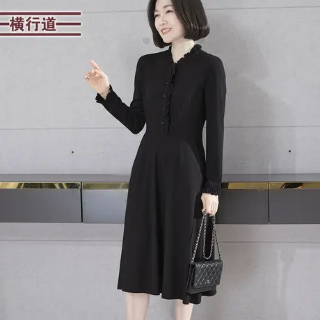 立领木耳边中长款长袖连衣裙2025春季新款韩版简约外穿大码上衣女图片