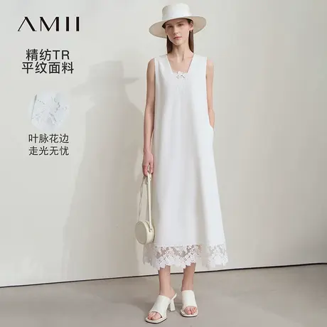 Amii2025夏新款极简纯色度假风宽松长款花边裙摆无袖背心连衣裙图片
