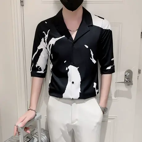 夏季衬衫男款七分袖潮牌韩版高级感痞帅气中袖衬衣古巴领夏装短袖图片