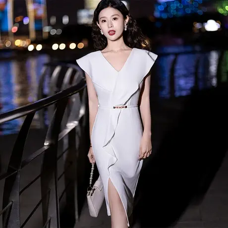 晚礼服女高级感晚宴无袖时尚白色V领性感鱼尾高端气质宴会连衣裙图片